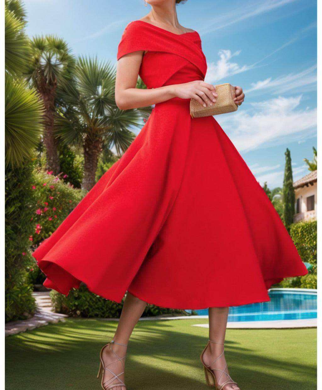 A-Line Tea Length Satin Prom Dress CS0455 - COCOMELODY